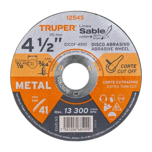 Disco corte fino 4 1/2 x 1mm metal Truper (12545)